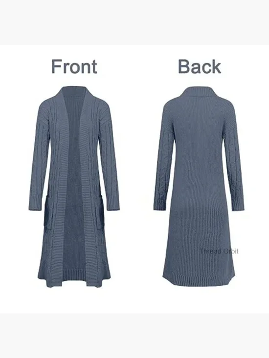 Long Cable Knit Cardigan Sweater with Pockets Open Front Loose Fit - Picture 4 of 7